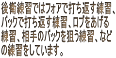 ��q���K�ł̓t�H�A�őł��Ԃ����K�A
�o�b�N�őł��Ԃ����K�A���u��������
���K�A����̃o�b�N��_�����K�A�Ȃ�
�̗��K�����Ă��܂��B